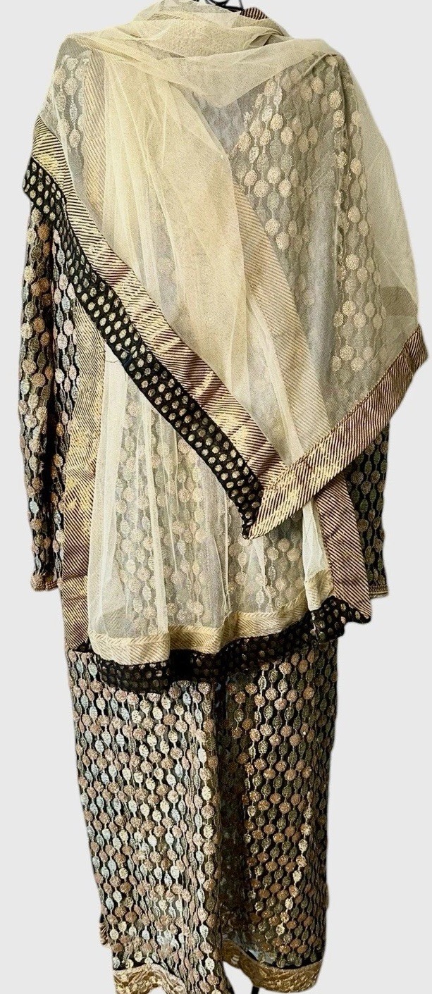 Metallic Embroidered Formal Kaftan Dress & Scarf Black Gold 50” Long