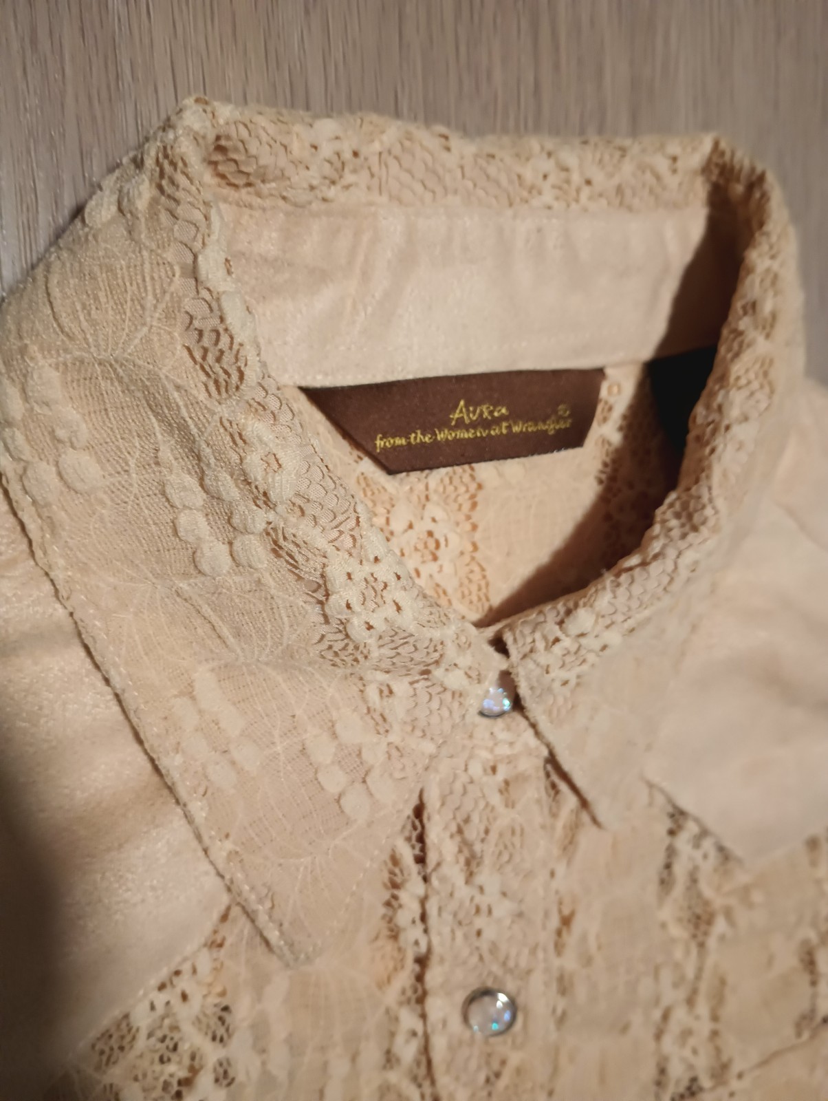 Vtg 90s AVRA Wrangler Sheer Lace Mother of Pearl Snap Button Western Shirt Top S