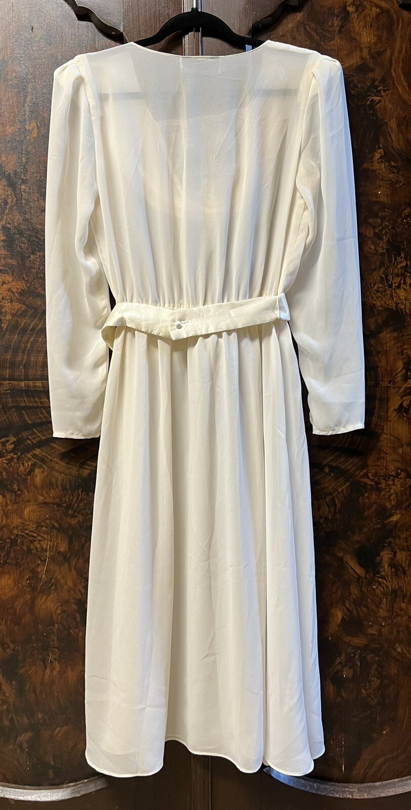Vtg 80s Alison Peters Dress Sz S Ivory Wedding Lace Cowl Sheer Midi Satin Belt