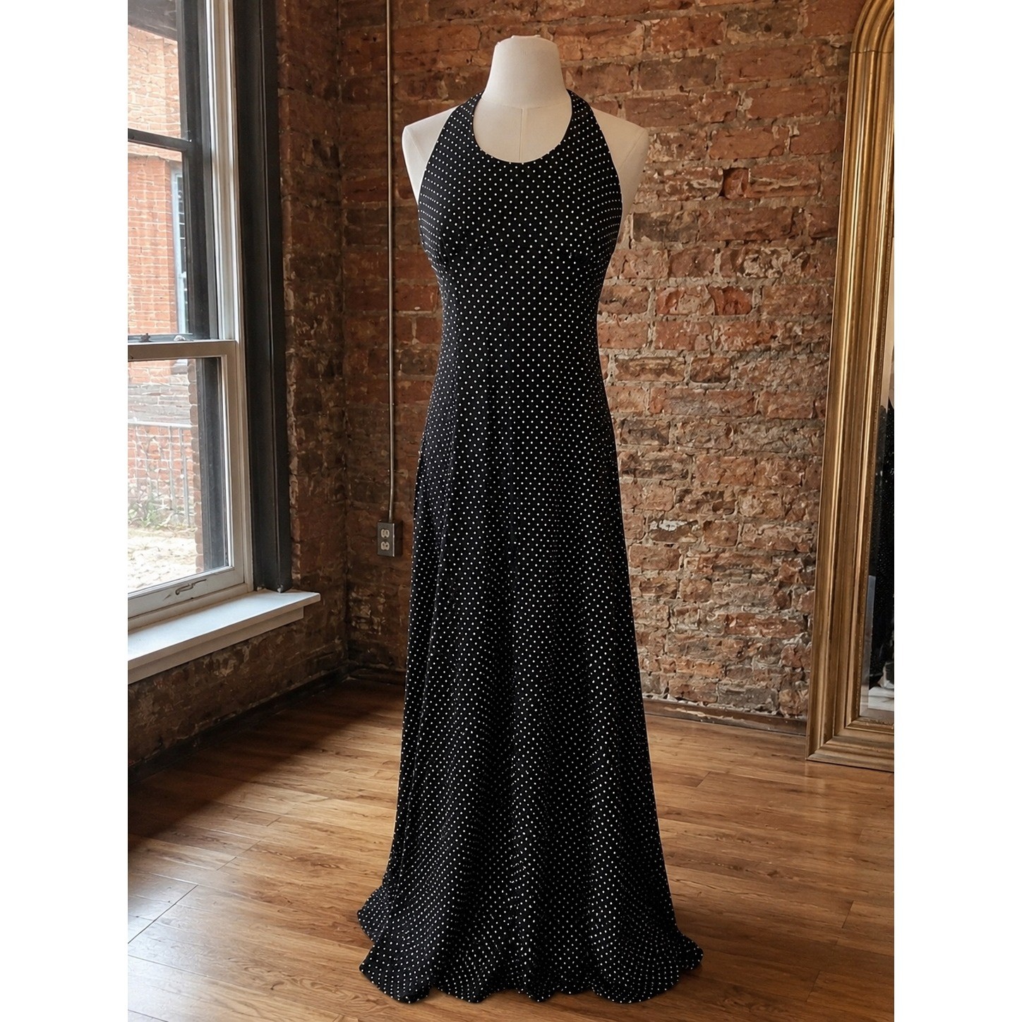 Vintage Polka Dot Halter Maxi Dress Retro Gown Prom Formal Pinup 90s Classic