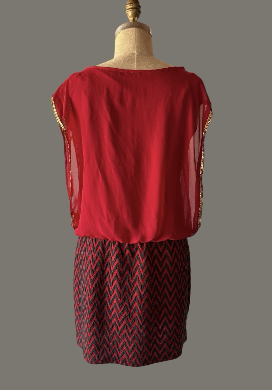 Vintage Celine by Champion Dress Red with Chevron Pattern Gold Trim