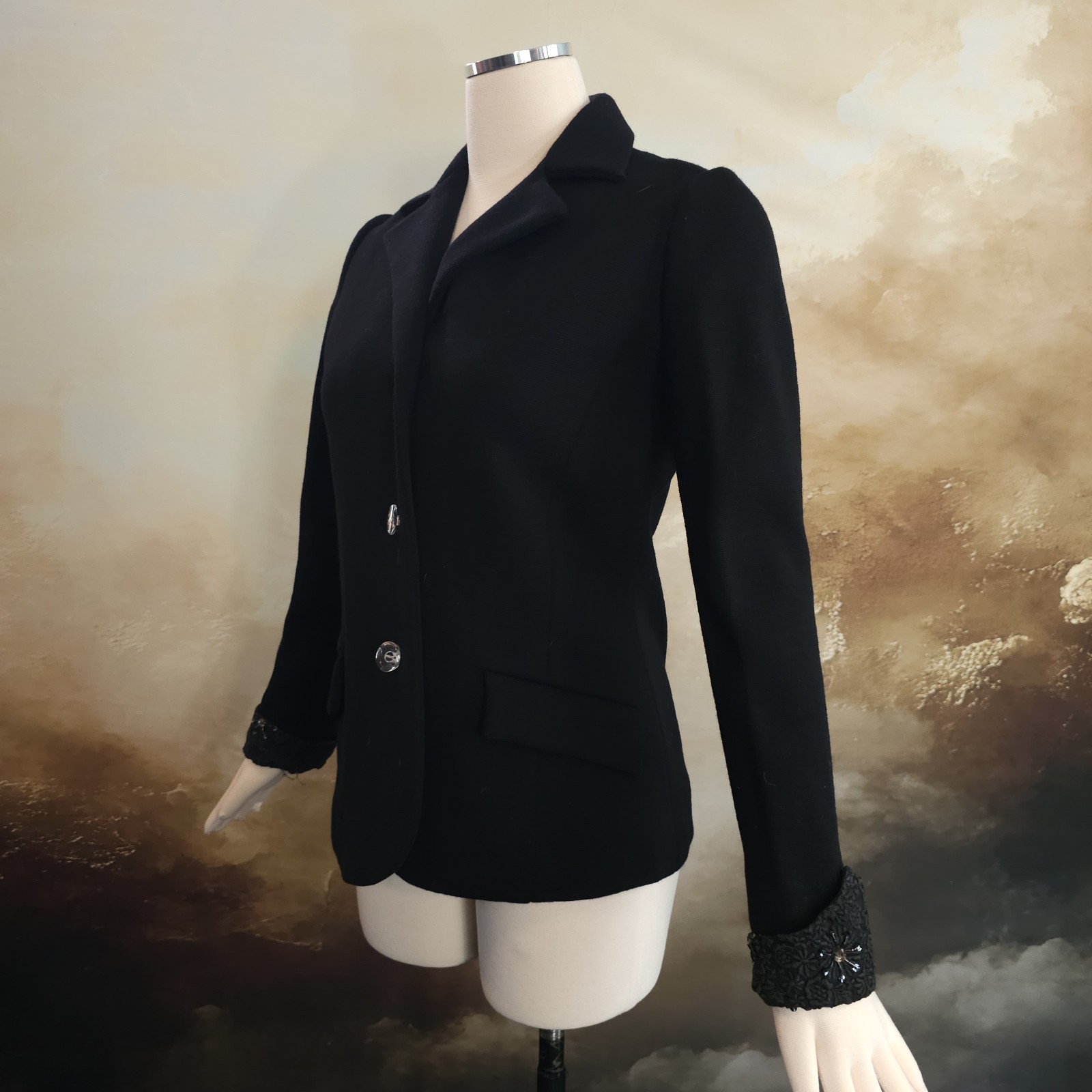 Vintage 1960’s Blazer Jacket Black Wool Italian Gino Paoli Beaded Cuffs Collar