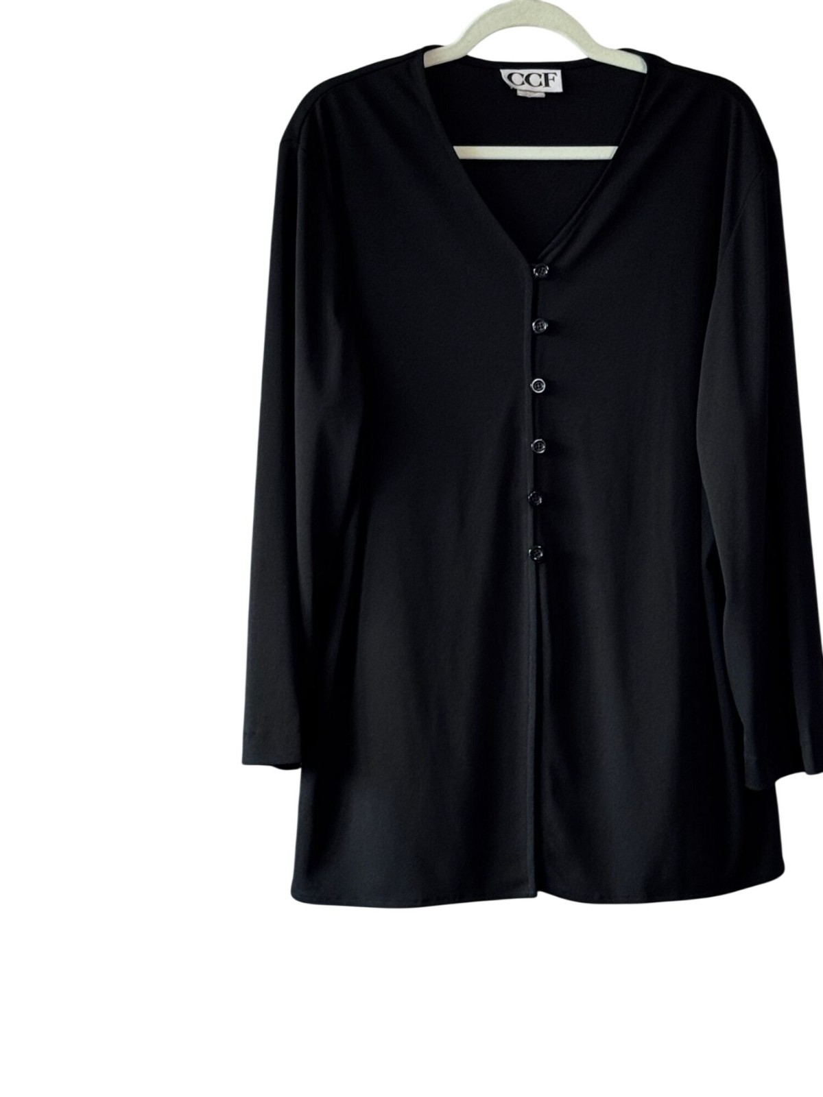 CCF Womens Vintage Longline Black Cardigan XL Stretchable Knit USA-Made