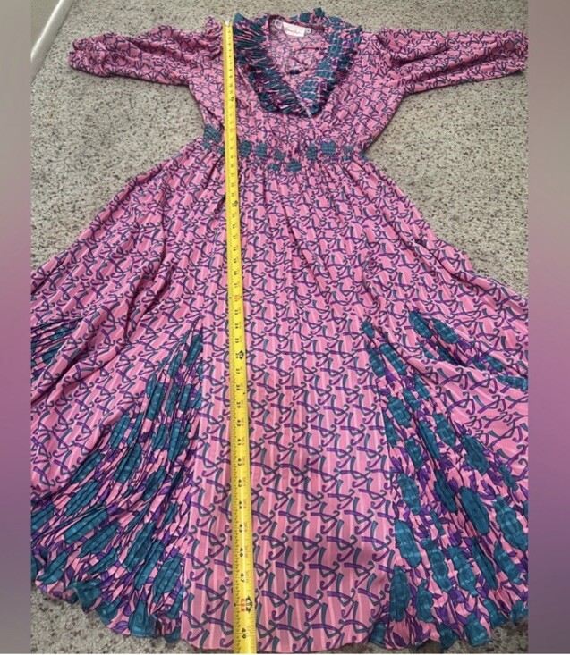 VNTG 80s Susan Freis satin multicolor floral faux wrap elastic ruffle dress M