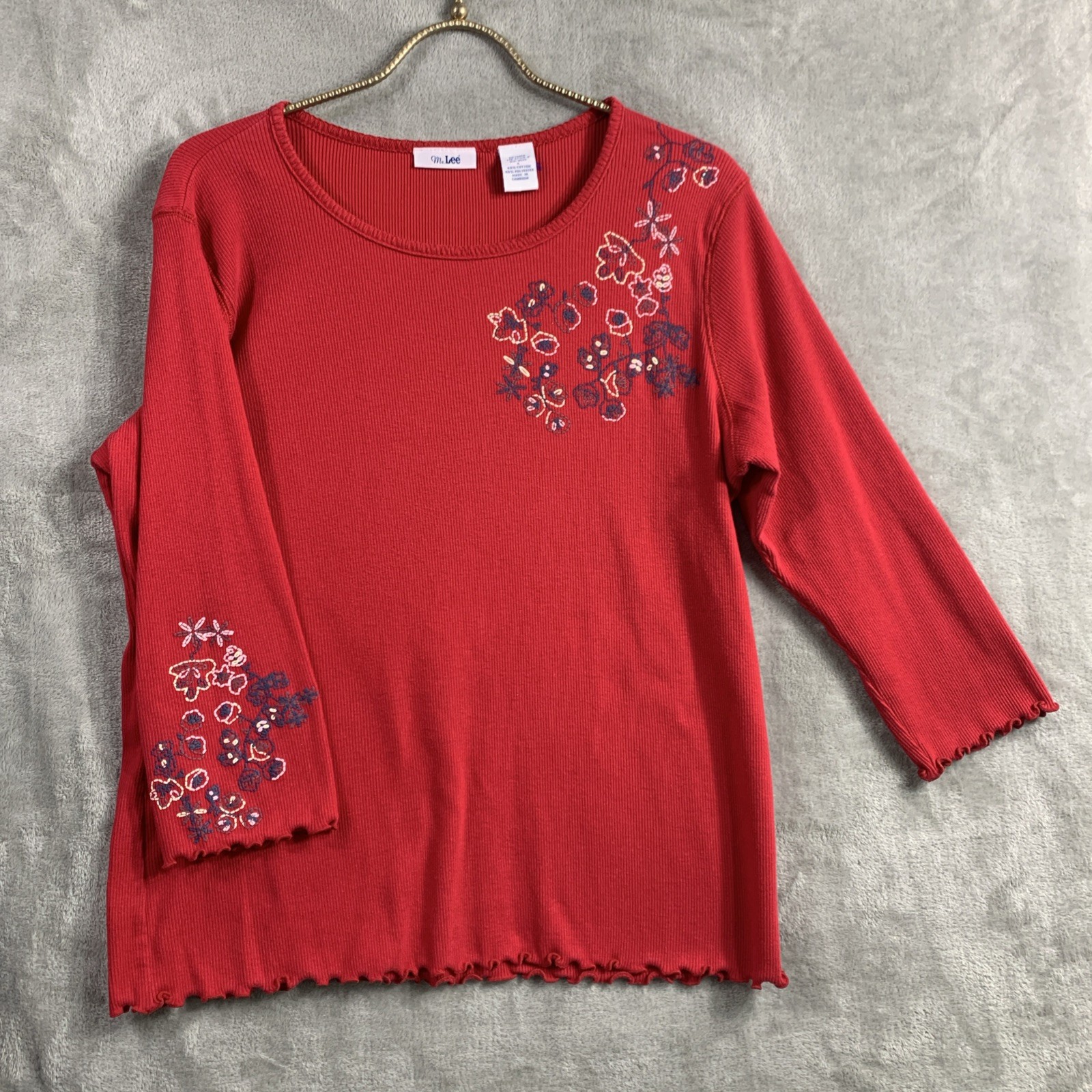 VTG 80’s 90s Ms Lee Top Sz L Red Puff Paint Floral Lettuce Hem Cottagecore Rodeo