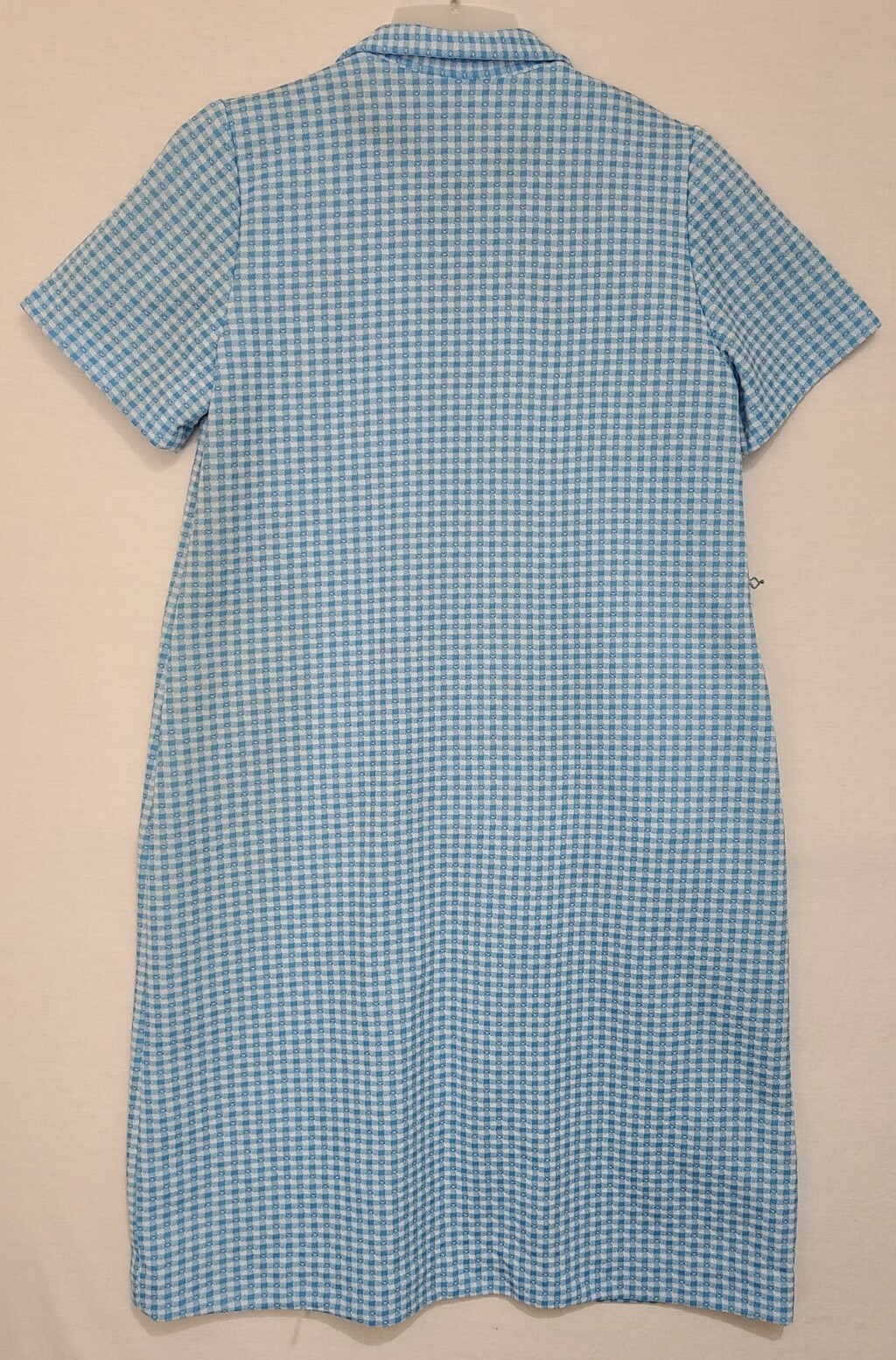 Vtg ‘70s A Nancy Frock Belted House Dress Blue/White Gingham Asymmetrical Button