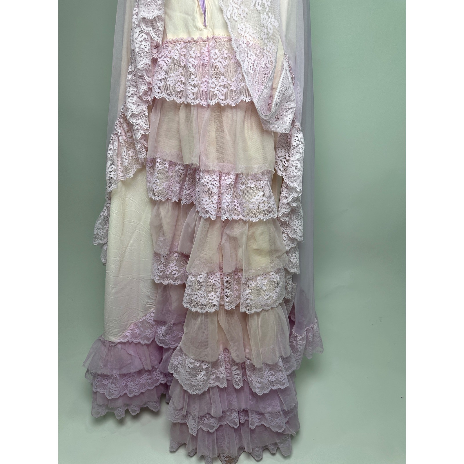 Vintage 70s Lilac Prairie Cottagecore Cupcake Dress Tulle Lace Boho Maxi Gown