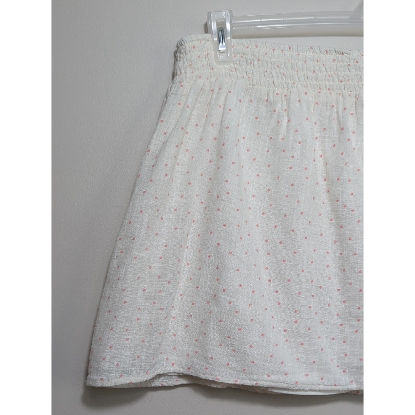 Vtg Y2K White and Pink Polka Dot Smocked Waist Mini Skirt XL Coquette Feminine