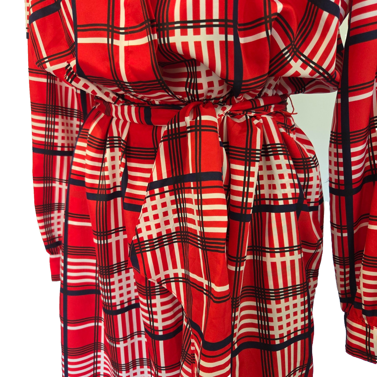 Vintage 70s Red Plaid Midi Shirt Dress Size L Tie Waist Long Sleeve Tartan