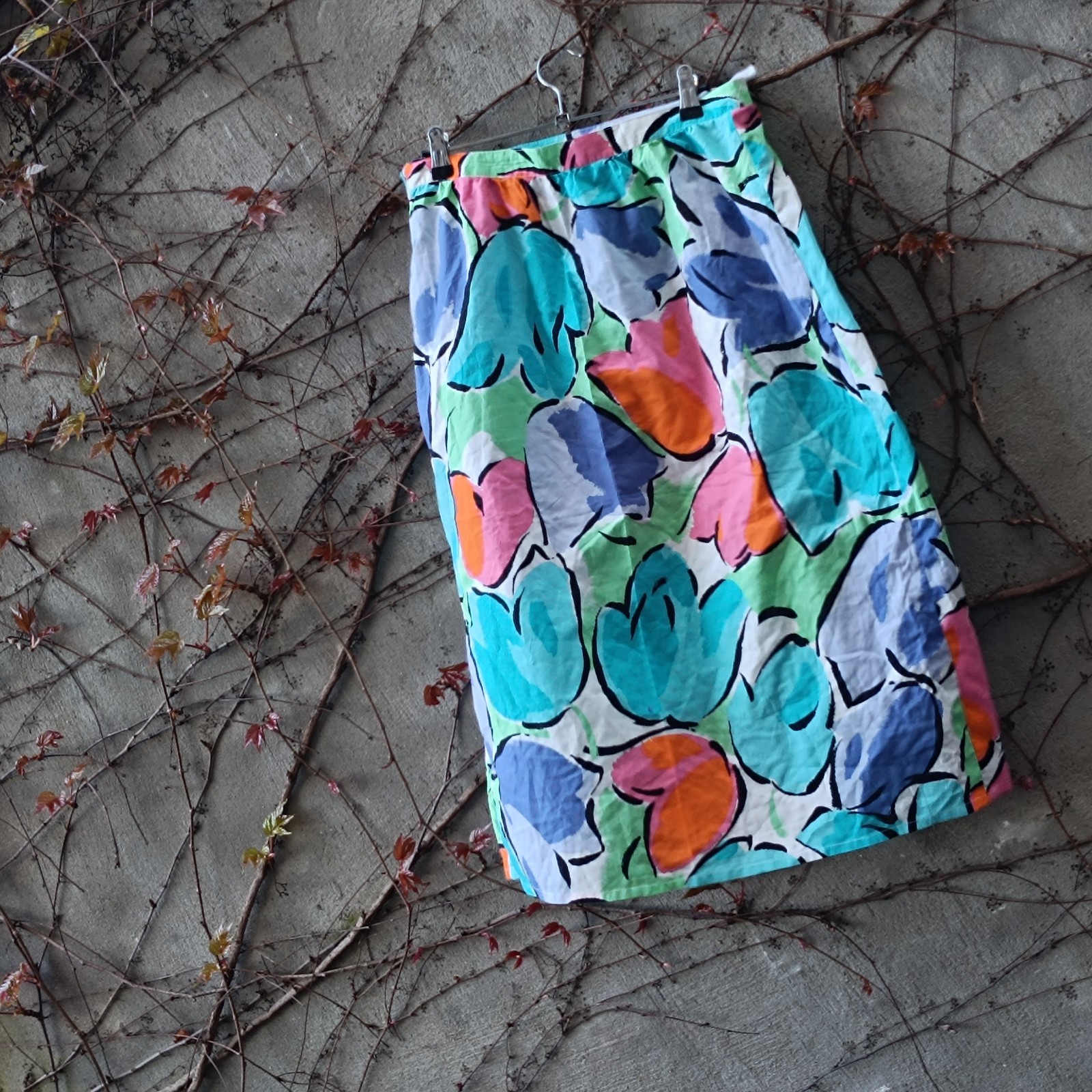 Vintage Midi Skirt Floral High Waist Cotton Multicoloured 70s A Line