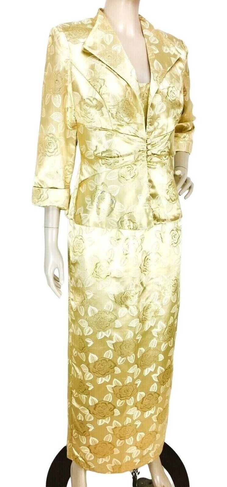 Vintage Y2K JR Nites by Caliendo Formal Gold Floral Brocade Dress and Jacket Set