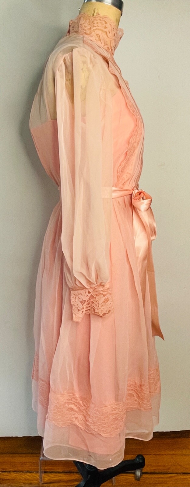 LOVELY!!VTG COTTAGECORE LOLITA COQUETTE PEACH PINK LACE&CHIFFON RUFFLED DRESS*XS