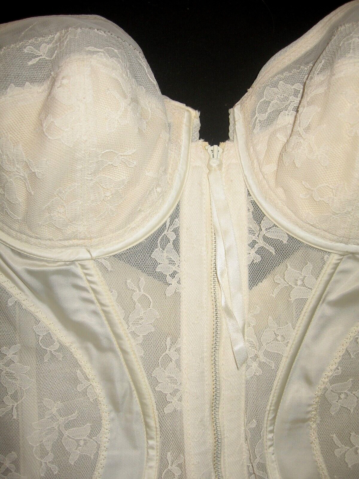 VtG 60s FORMFIT Pinup Corset White Sheer Lace Satin Full-Zip Girdle Garters 36C
