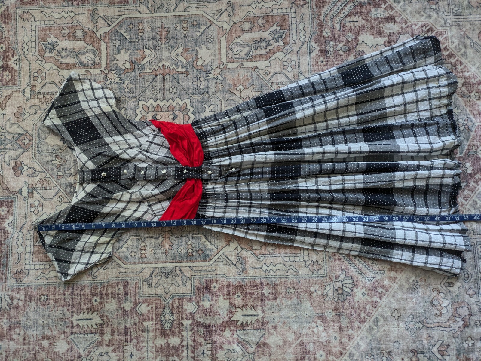 Vintage 1950s Lana Lobell Plaid Dress Red Scarf Waist Short Sleeve