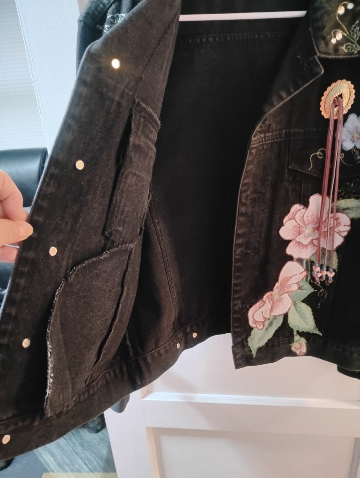 Vintage 80s Todays News Black Denim Jacket Embroidered Floral Rhinestone Concho