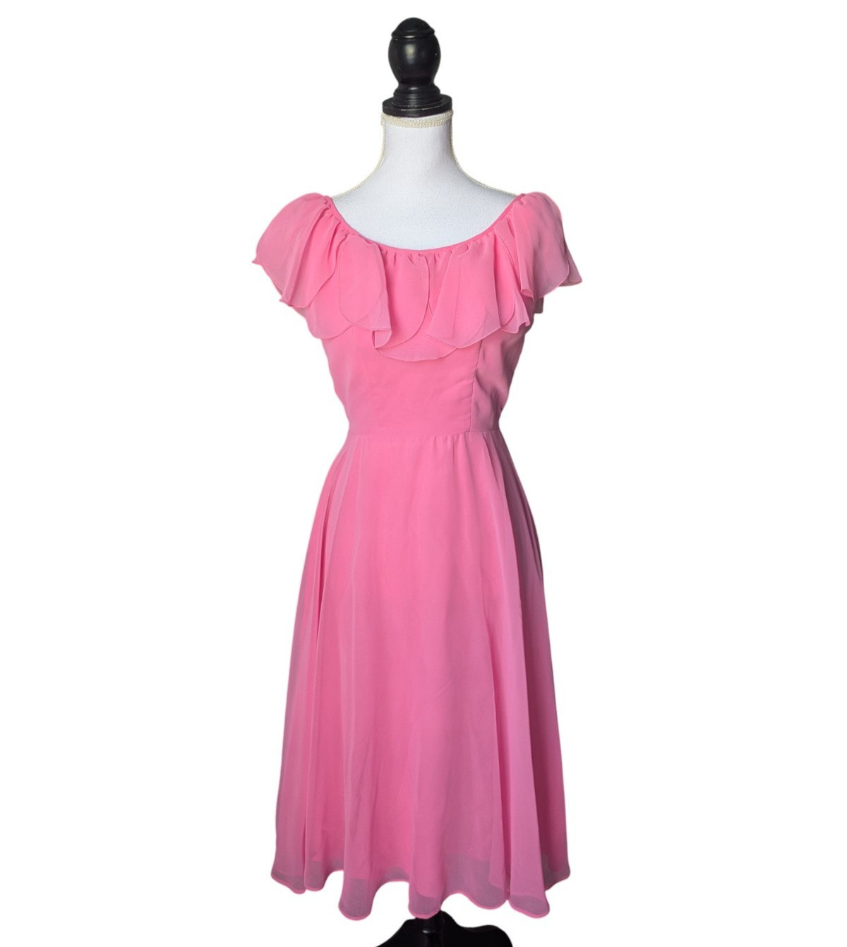 Vintage House of Bianchi Pink Flutter Sleeve Chiffon Midi Dress 1970s XS S