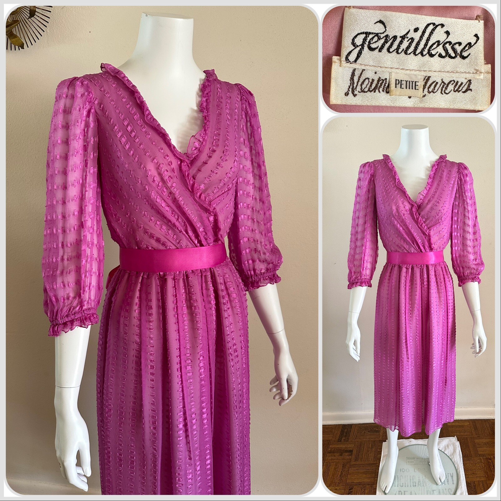 1980s Neiman Marcus Pink Sheer Ruffle Wrap Dress Ribbon Belt Petite Vintage