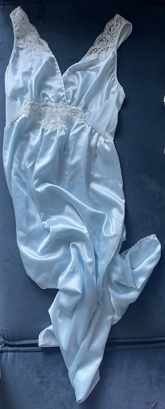 VTG Olga Designer Collection Gold Label Nightgown S Gown Satin Lace Blue 92195