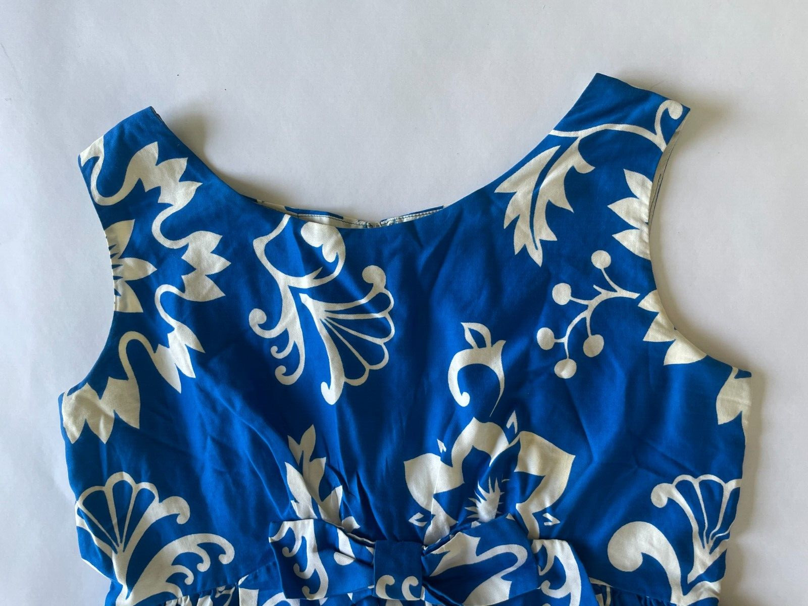 Vintage 1950s Waltah Clarke’s Hawaiian Blue Hibiscus Dress Bow Sm Md S/M