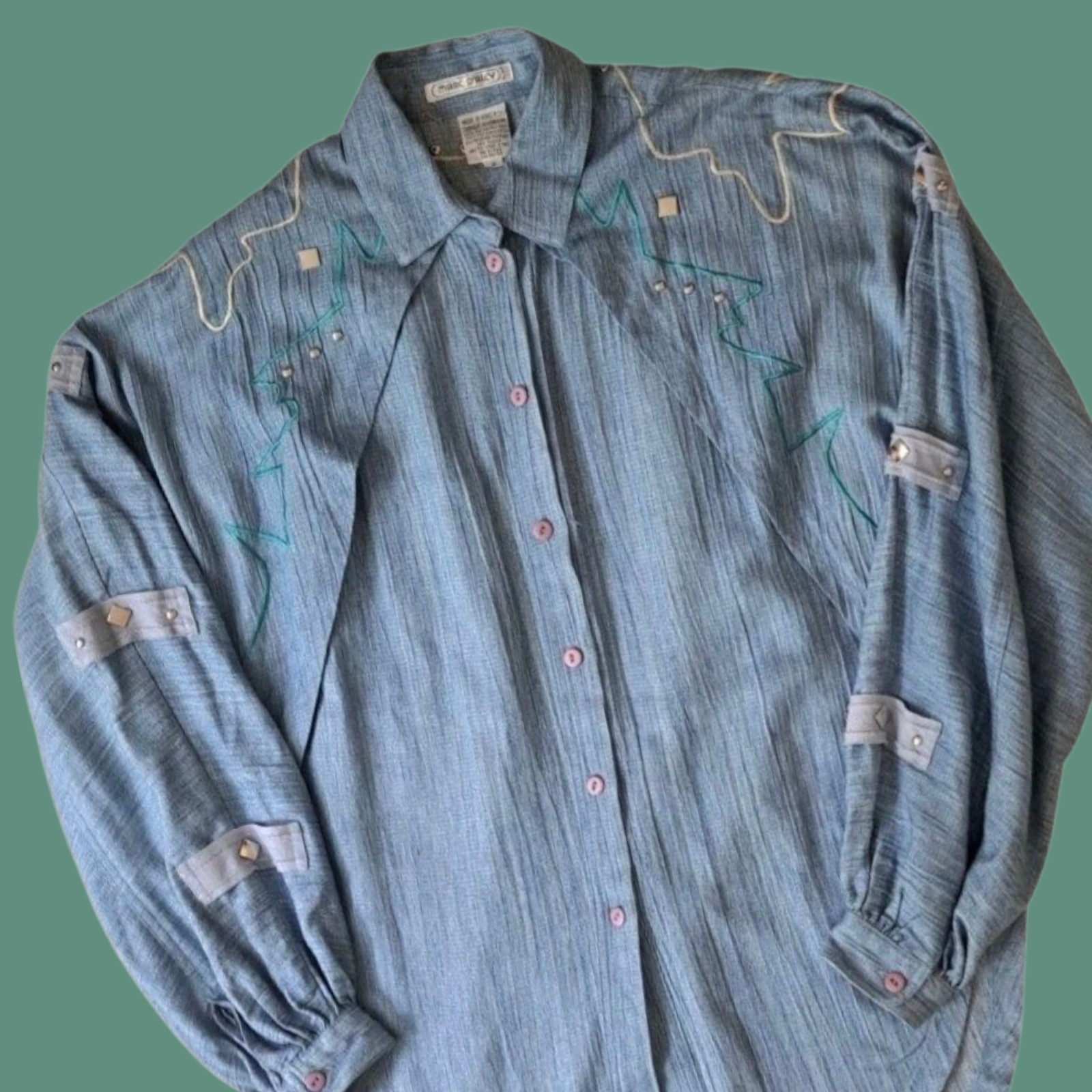 Vtg 80s Marc D’Alcy Western Shirt Sz 6 Studded Embroidered Dolman Sleeve