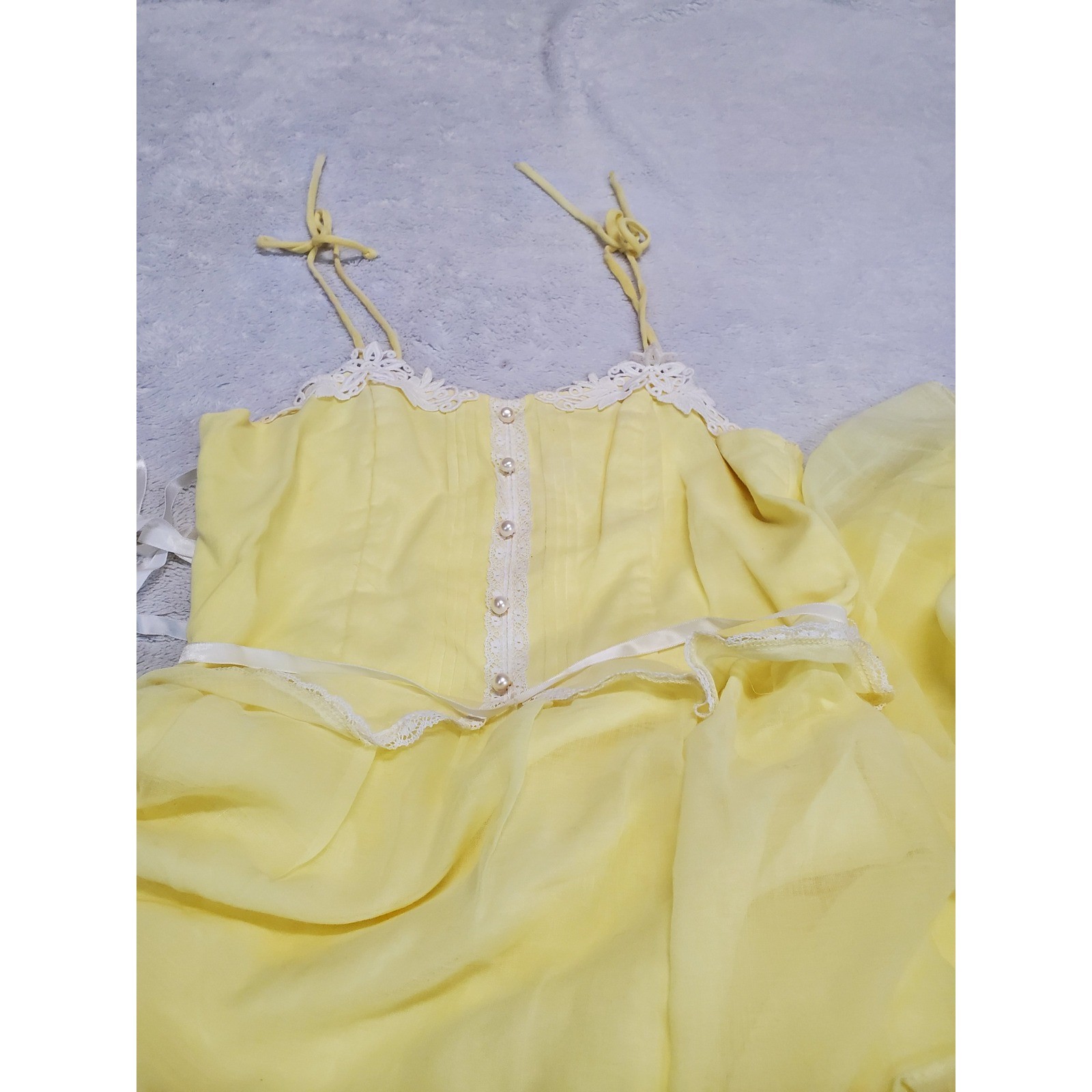 Vintage Soft Yellow White Lace Spaghetti Strap Tiered Babydoll Maxi Dress 11 XS