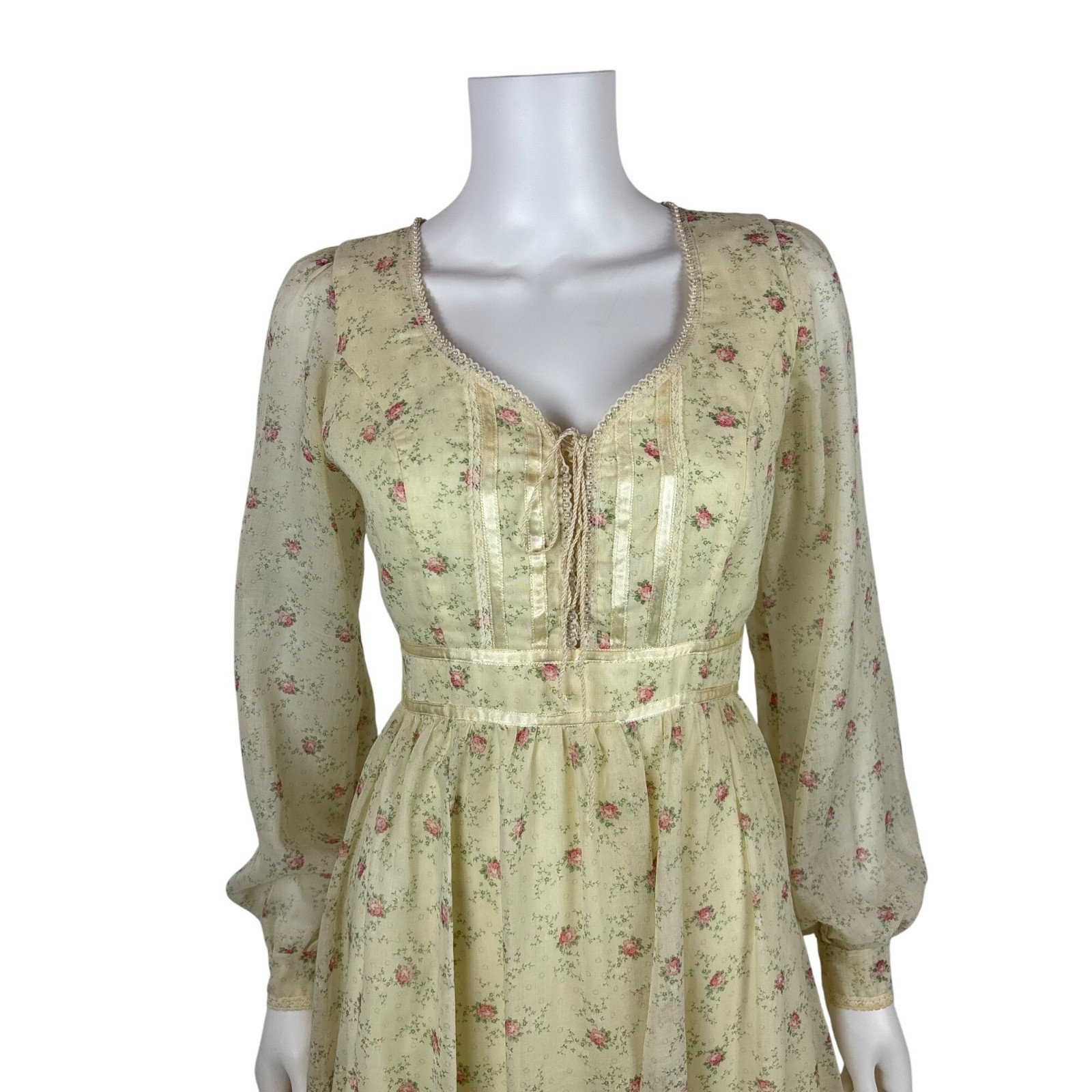 Vintage 70s Prairie Dress Womens Small Pink Rose Print Long Sleeve Gunne Sax
