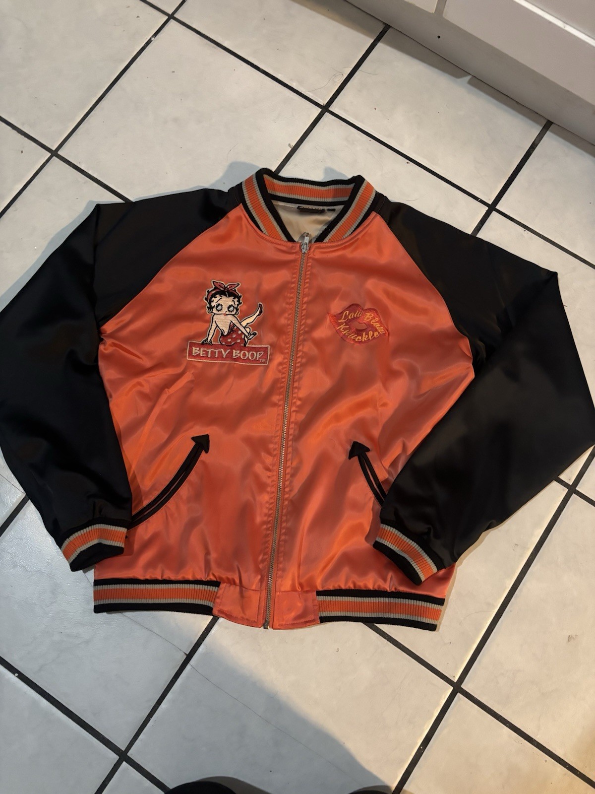 Low Blow Knuckle Vintage Betty Boop Satin Bomber Jacket Embroidered Y2K 90s