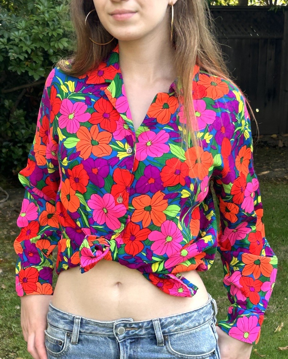 True Vintage 60s 70s handmade L Flower Power Button Up Shirt Blouse Top