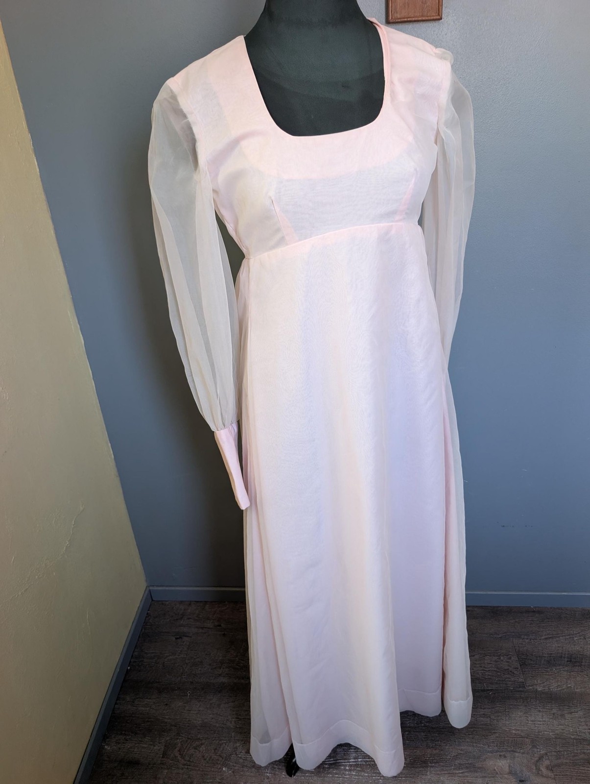 Vintage 70s Pink Empire Waist Maxi Dress; Formal Dress With Long Sleeves
