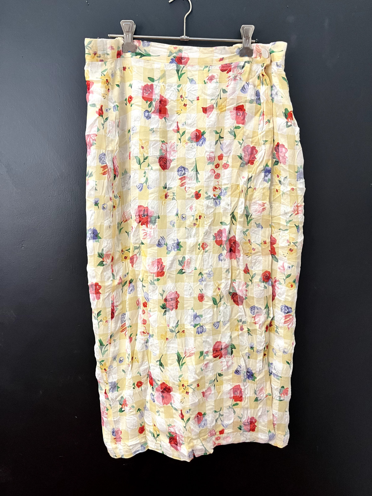 Vintage Australian 1980s MIXIT Wrap Midi Skirt Yellow Floral Plaid AU 14