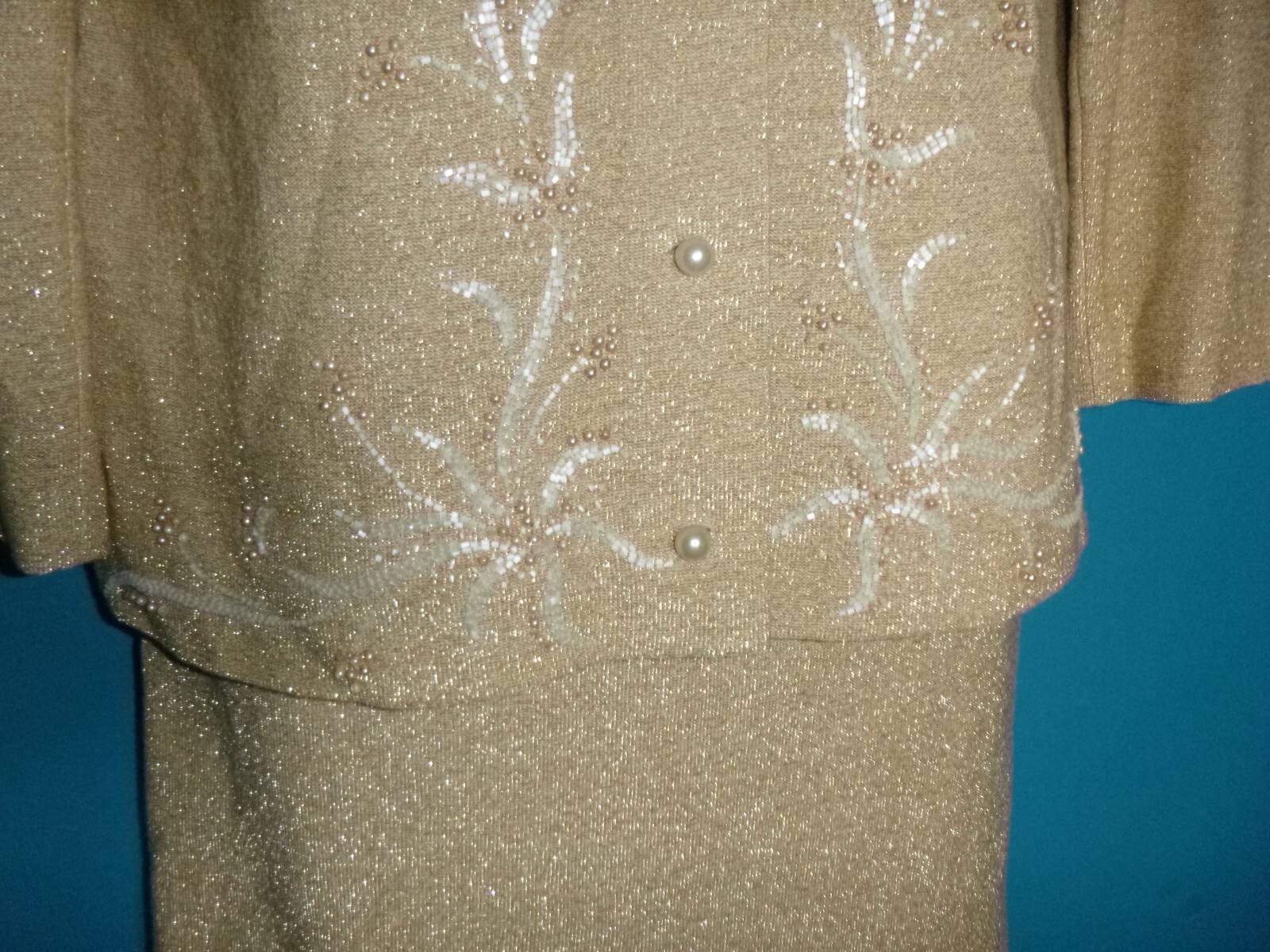 Vtg 60s Gino Paoli 2 Pc Wool Knit Cardigan & Skirt Set Gold metallic Beading S/M