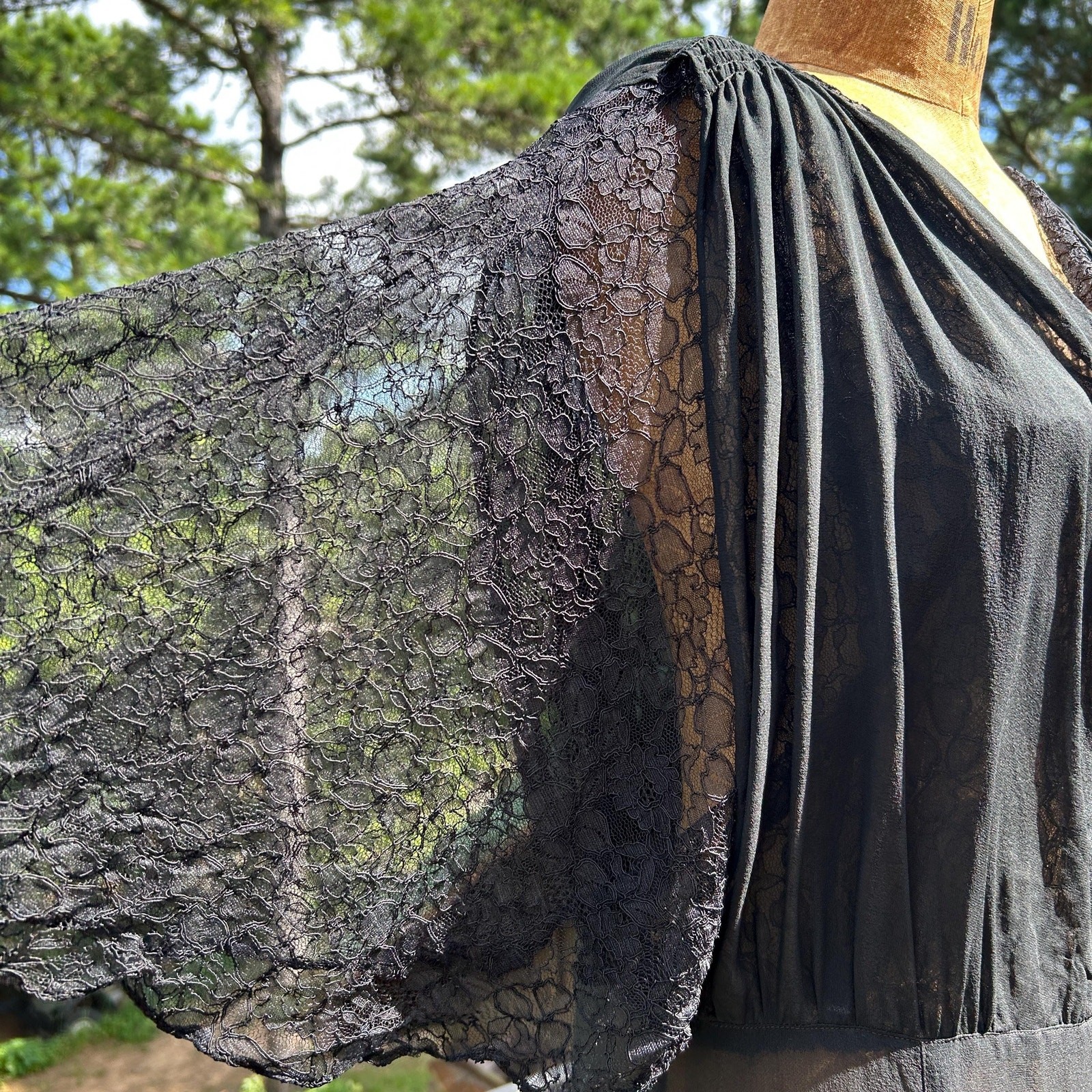 Vintage 30s Black Sheer Silk Chiffon Chantilly Lace Shirred Draped Flowy Midi
