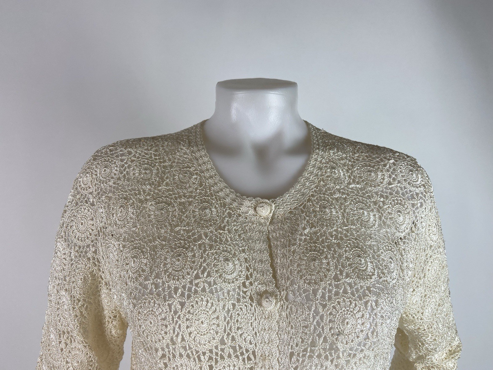 Hand Crochet Lace Cardigan Size Medium Antique Off White Granny Core Sweater