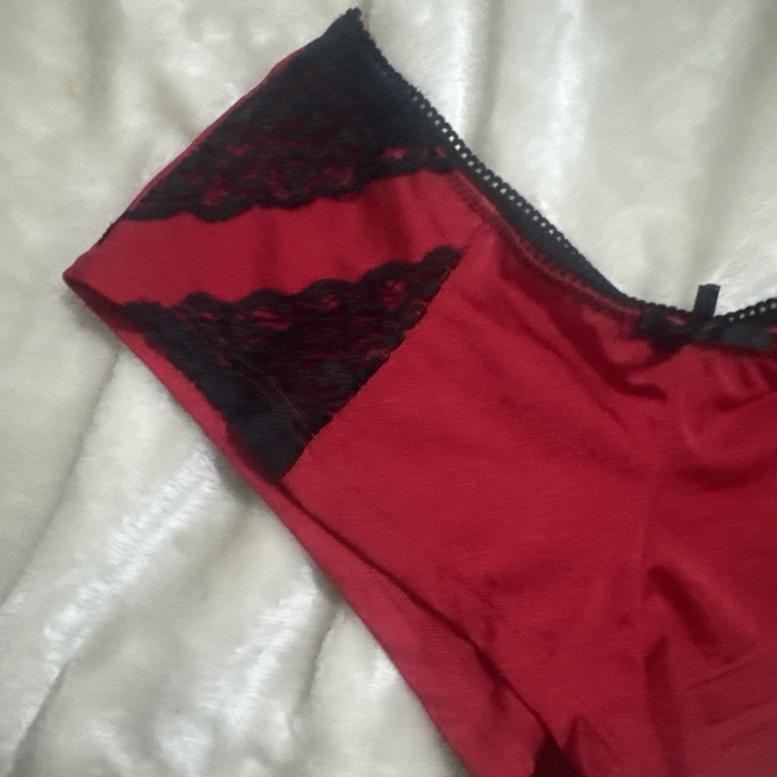Vintage Black Fuchsia Satin Red Black Lace Sides Bikini Panty Stretch Sexy