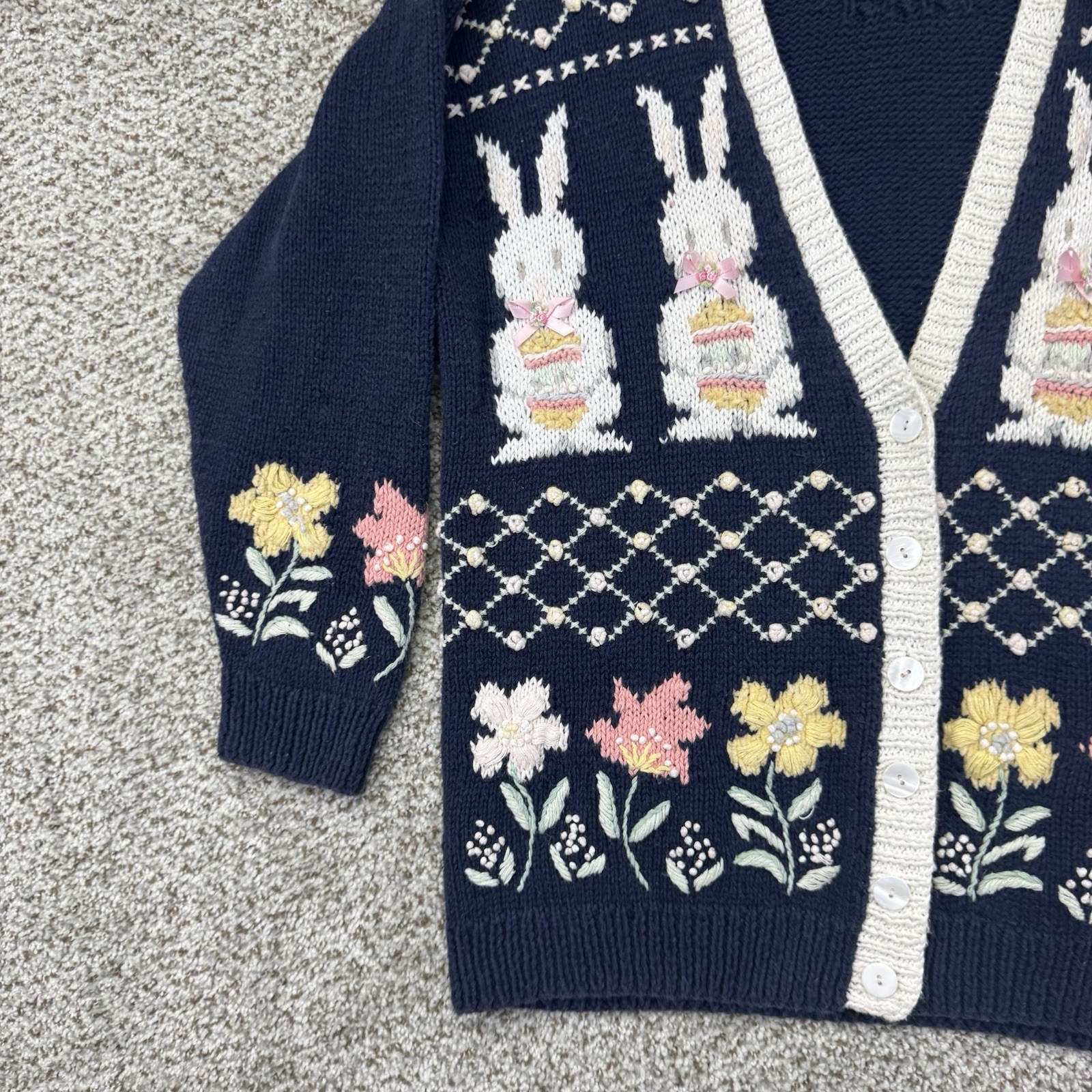 VTG 90s Marisa Christina Sweater Women’s Large Hand Knit Cardigan Easter Bunny