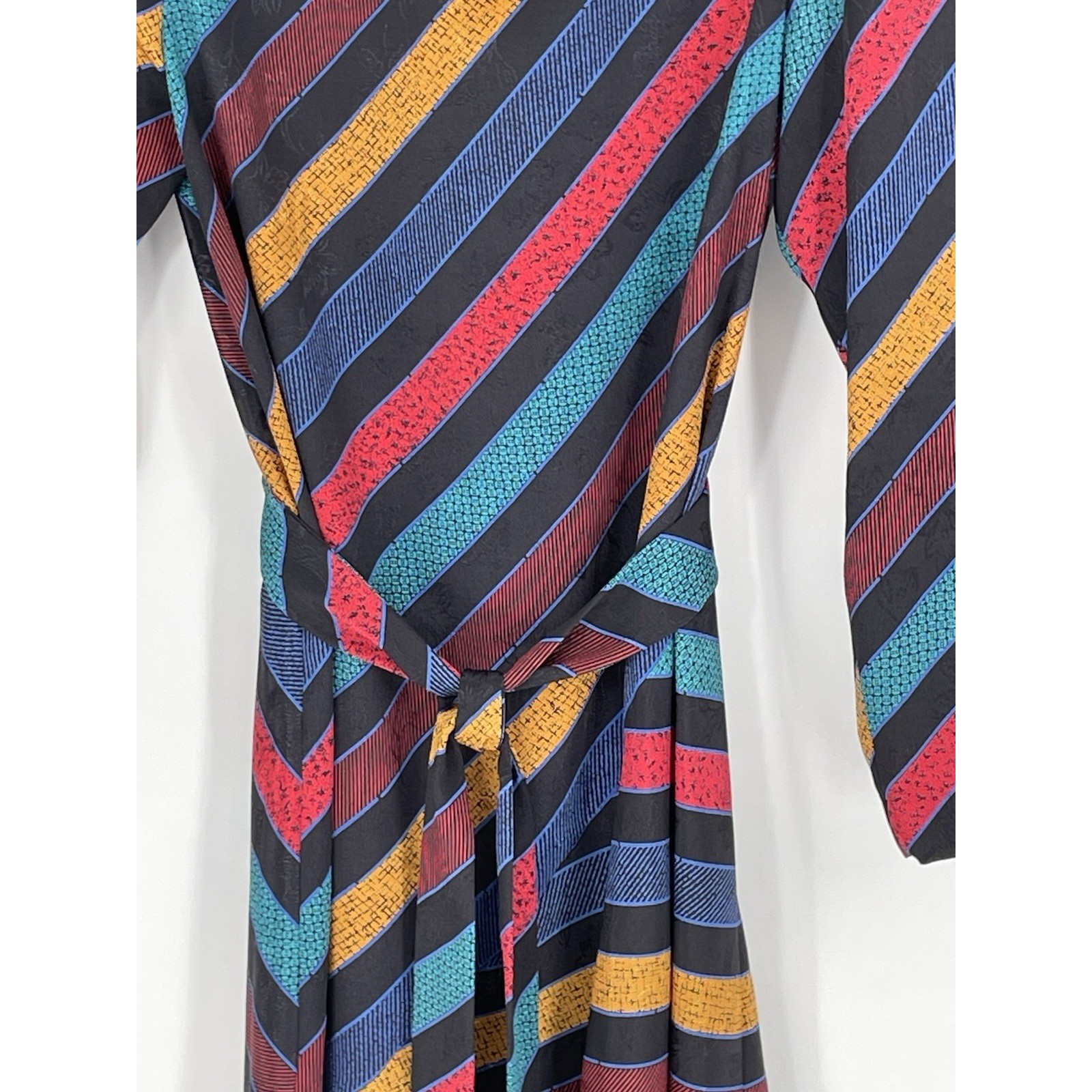 Excellent Leslie Fay Womens Dress 10 Midi Multi Color Stripe Vintage Puff Sleeve
