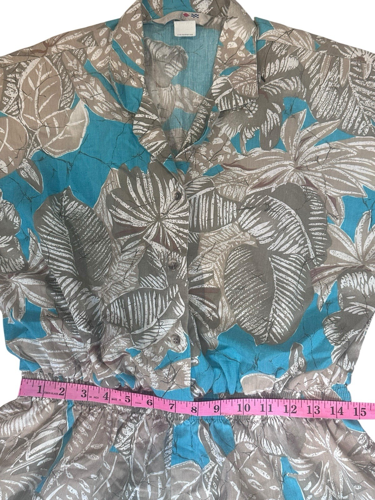 VTG French Navy 80s Floral Romper Elastic Waist Tropical Cottagecore Resort S/M