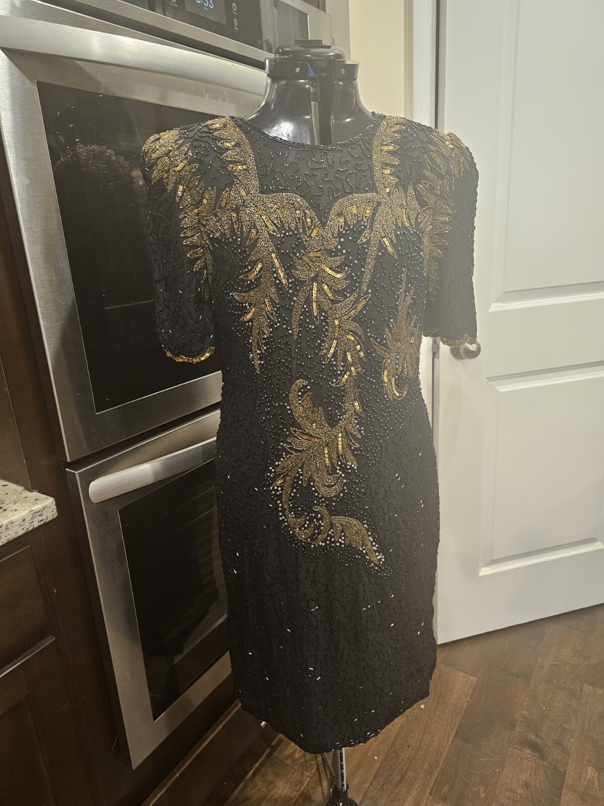 Vintage Black And Gold Beaded Interlude Sequin Cocktail Silk Cocktail Dress…