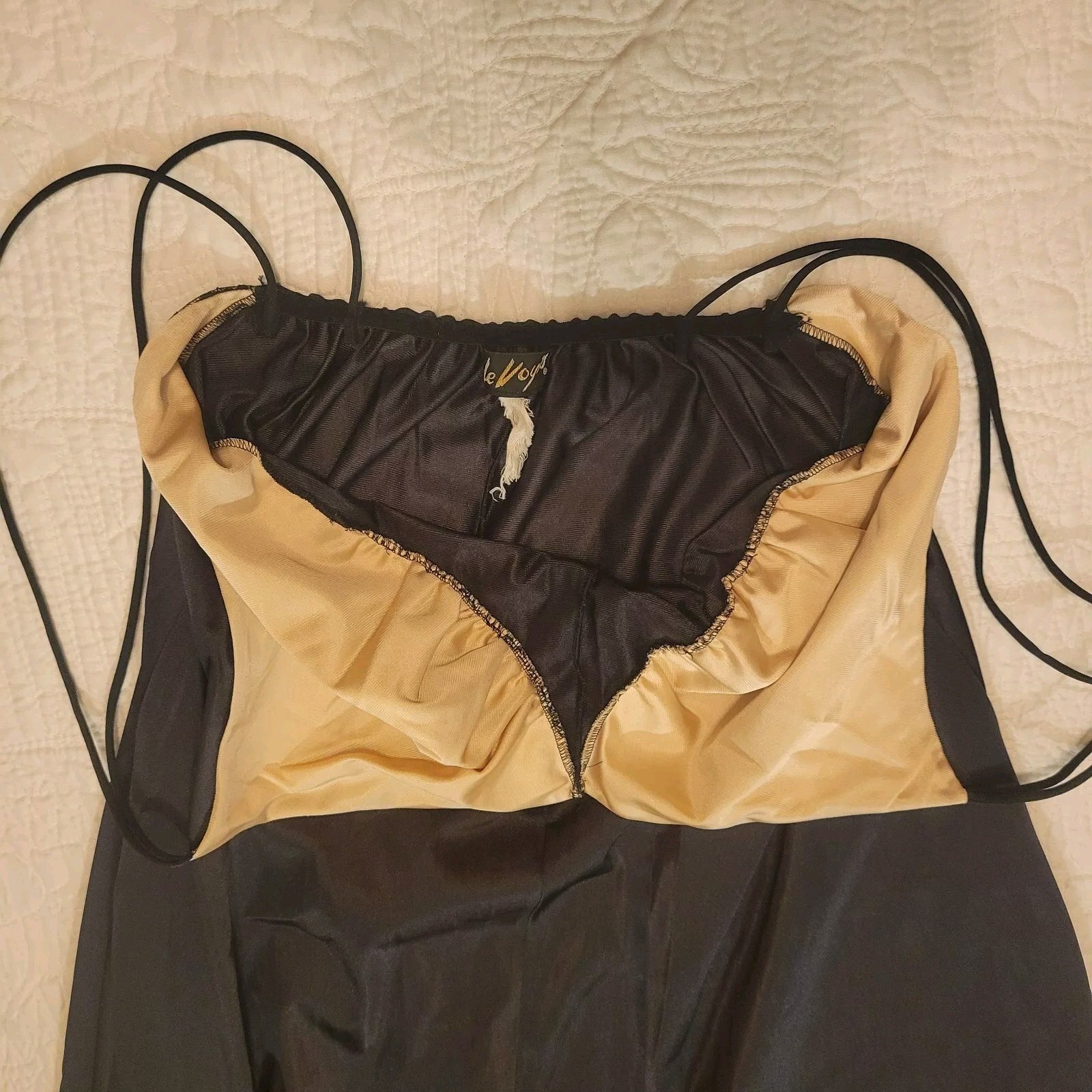 Vintage Black Satin Lace Trim Maxi Slip Dress Nightgown Multi-Strap Back V-Neck