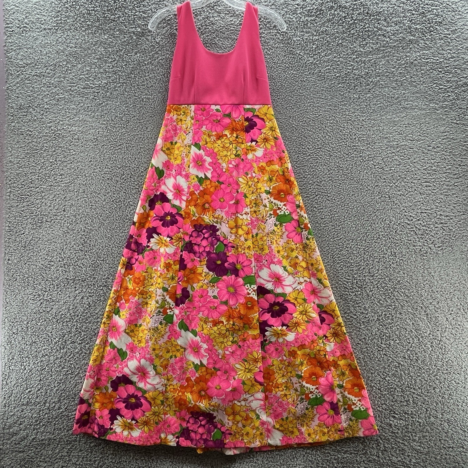 VTG 60s 70s Flower Power Dress XS Pink Colorful Floral Seamstress Made Maxi