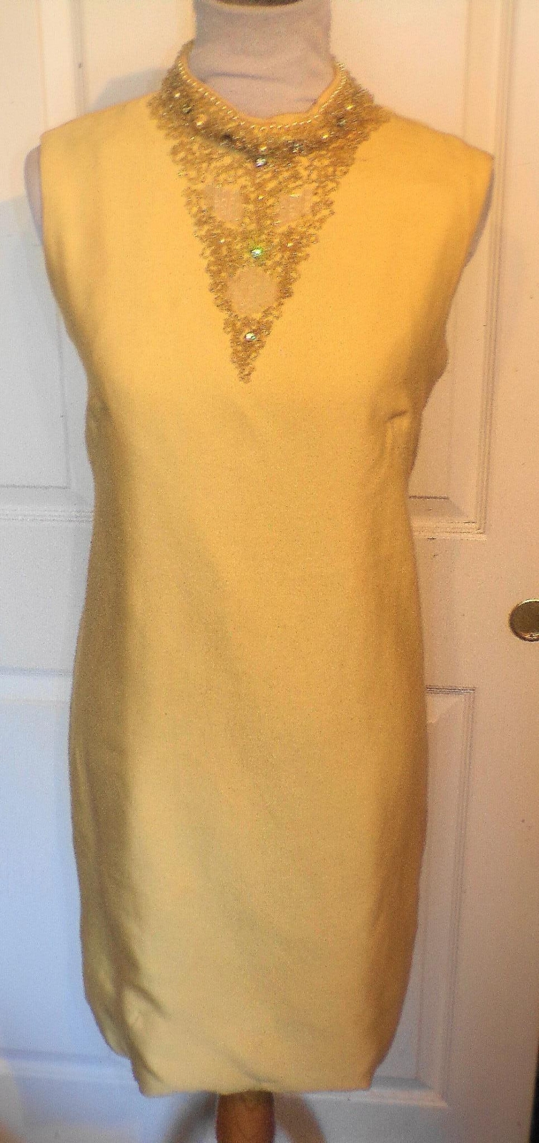Vintage 60s Yellow Rayon Shantung Cocktail Dress Beaded Neckline B40