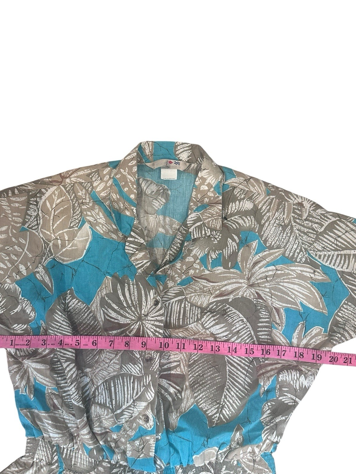 VTG French Navy 80s Floral Romper Elastic Waist Tropical Cottagecore Resort S/M