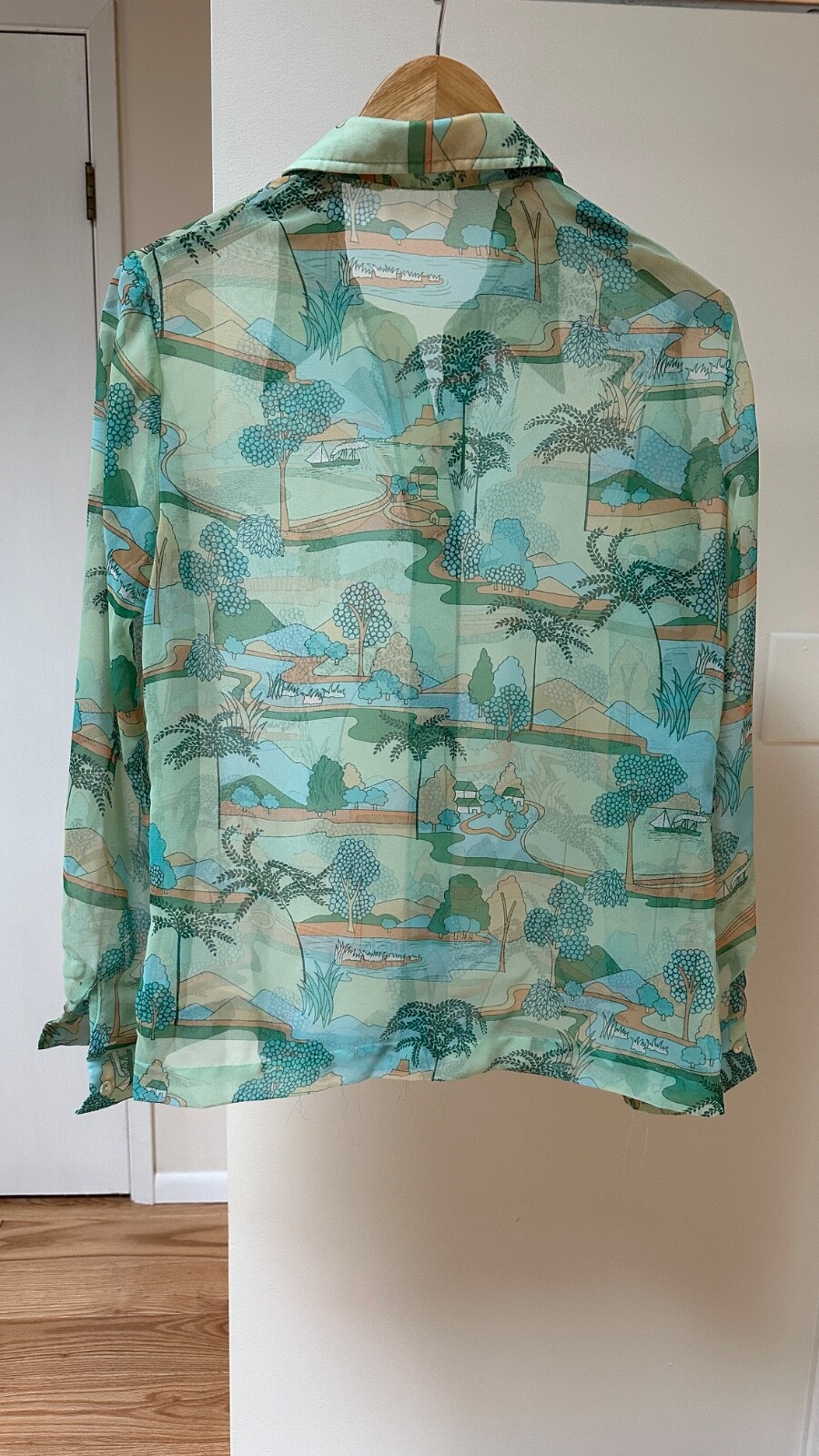 Sheer Button Down Shirt Aqua Dreamy Print Elegant Leisure Translucent Retro (M)