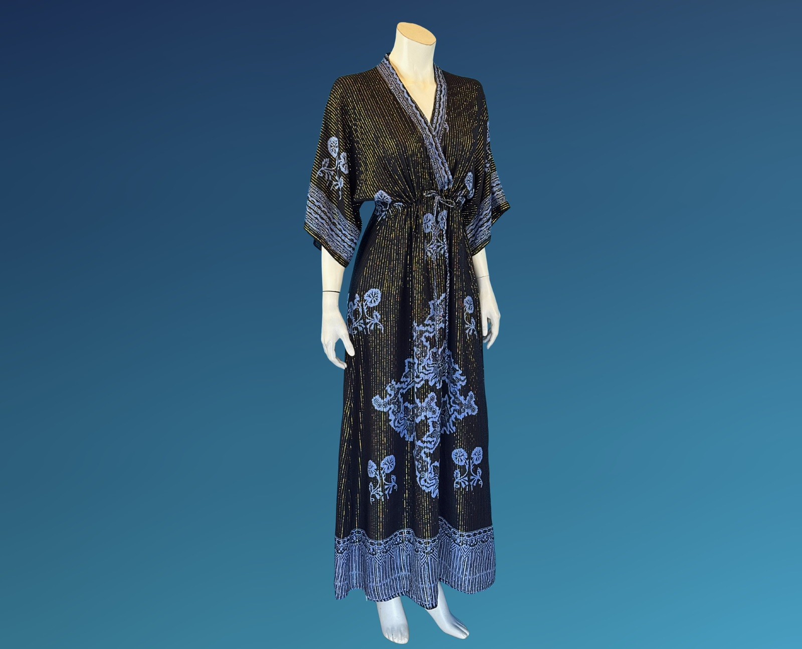 90s Gold Metallic Stripe Black and Blue Rayon Kaftan Dress | S M