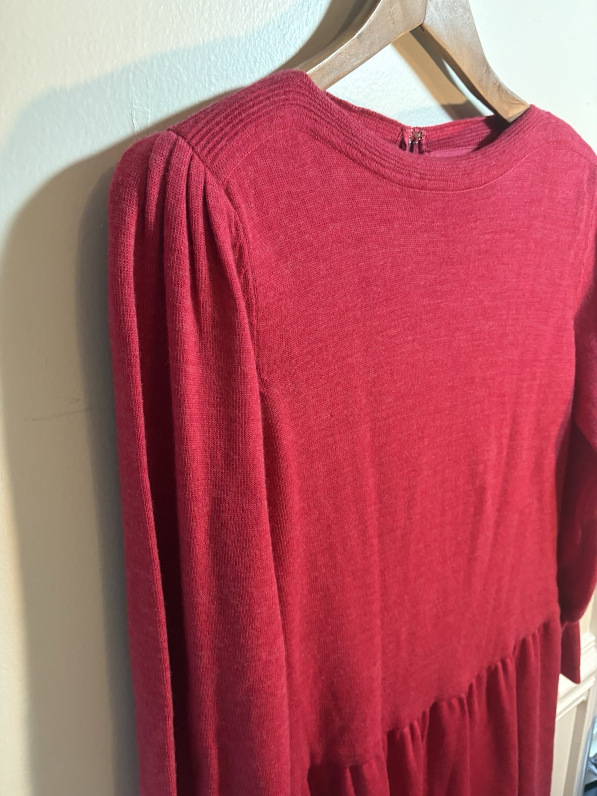 Vintage Ciao Ltd 100% Pure Wool Sweater Dress Pink Red Lined Puff Sleeve 80s
