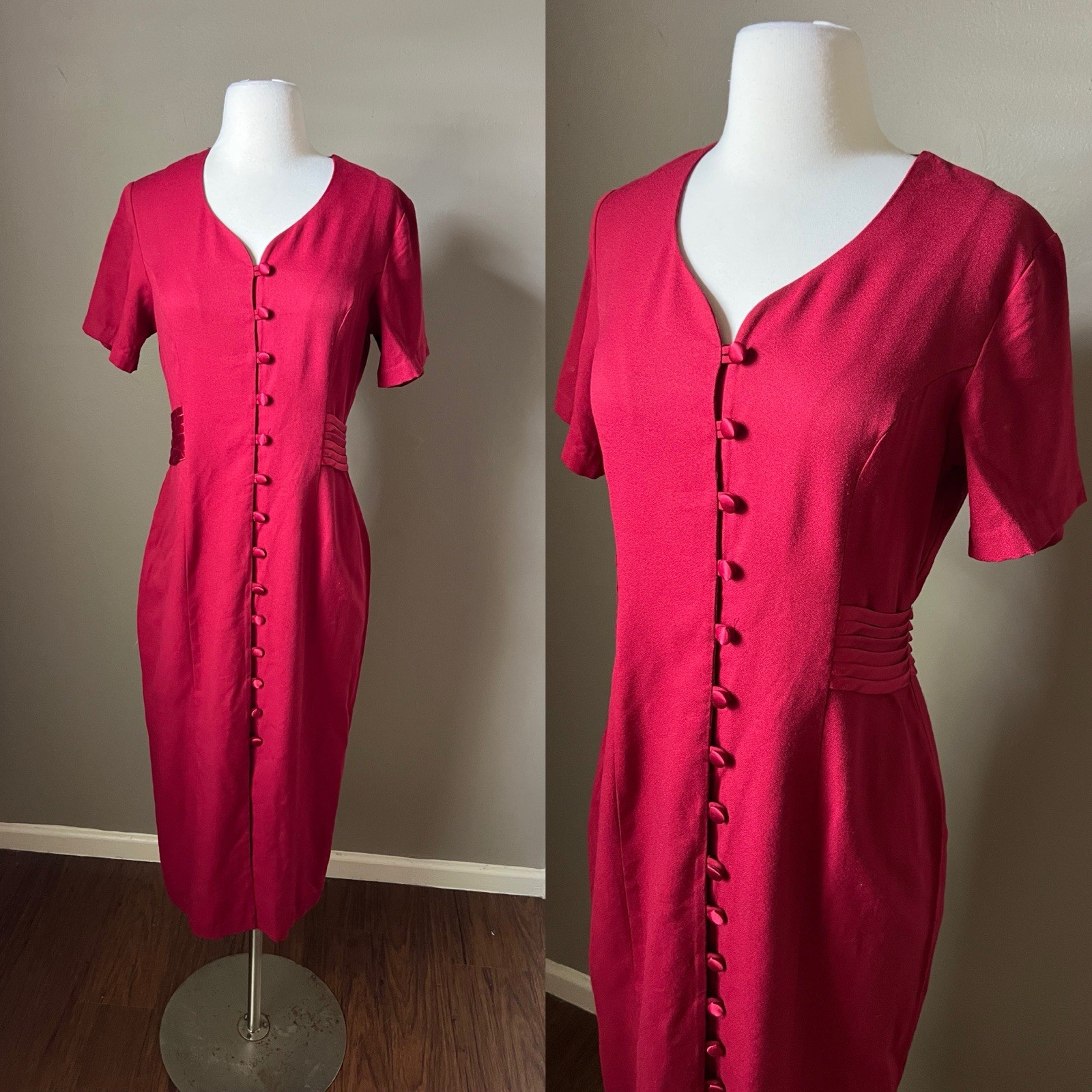 Vintage 90s Sophia Rose Dress Sz 8 Red Button Front Short Sleeve Satin Evening