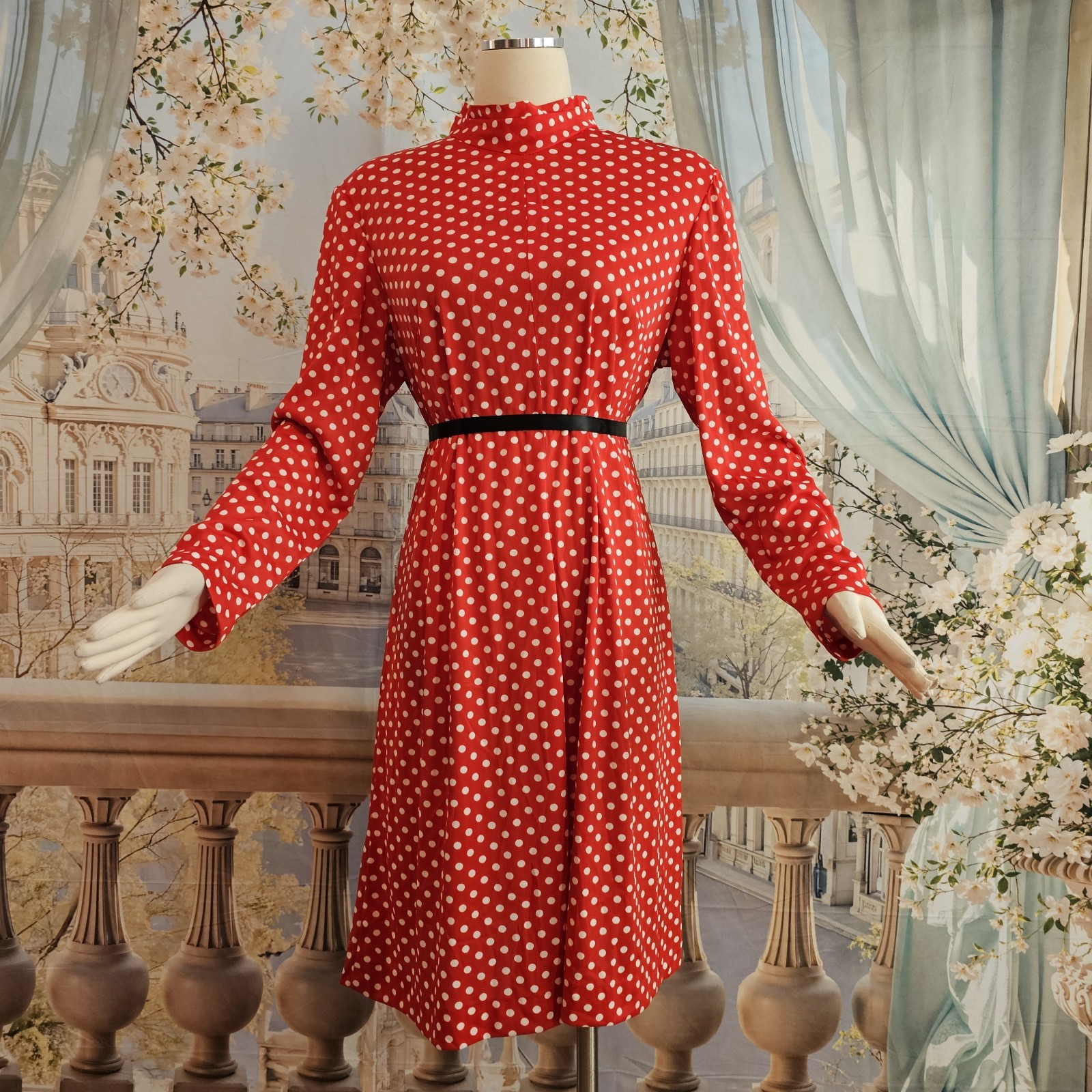 Vintage 1970s Dress Shift Red White Polka Dot High Neckline Union Label