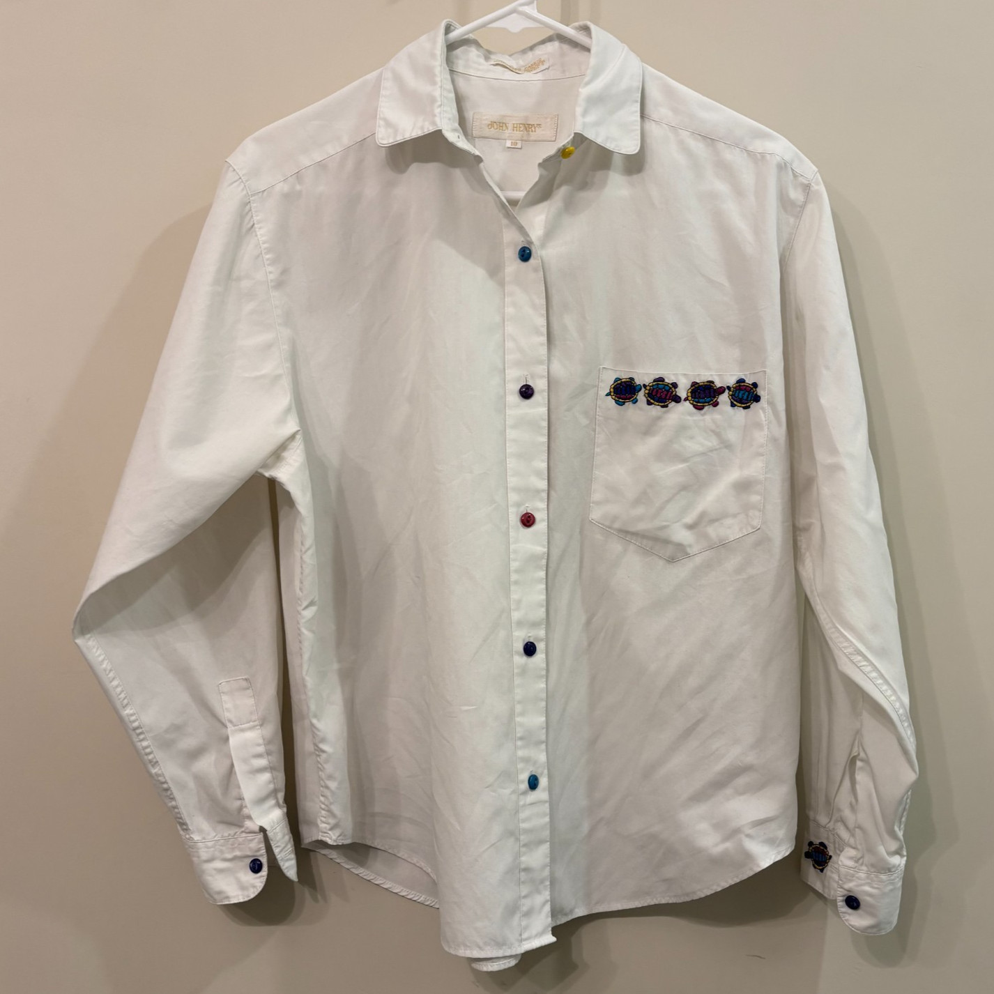 Vintage John Henry White Button Down Shirt Colorful Turtle Embroidery Sz 10