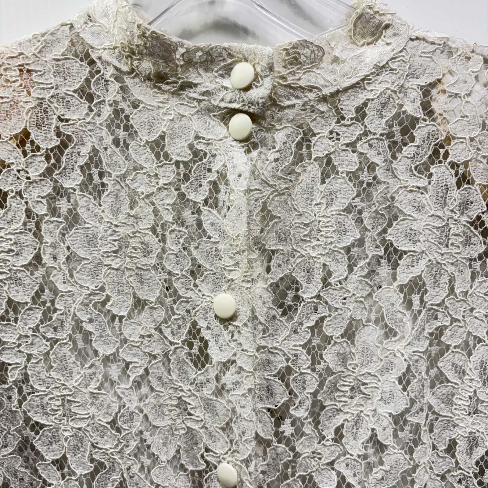VTG Off White Floral Lace High Neck Button Blouse Sheer Beaded Back Top France