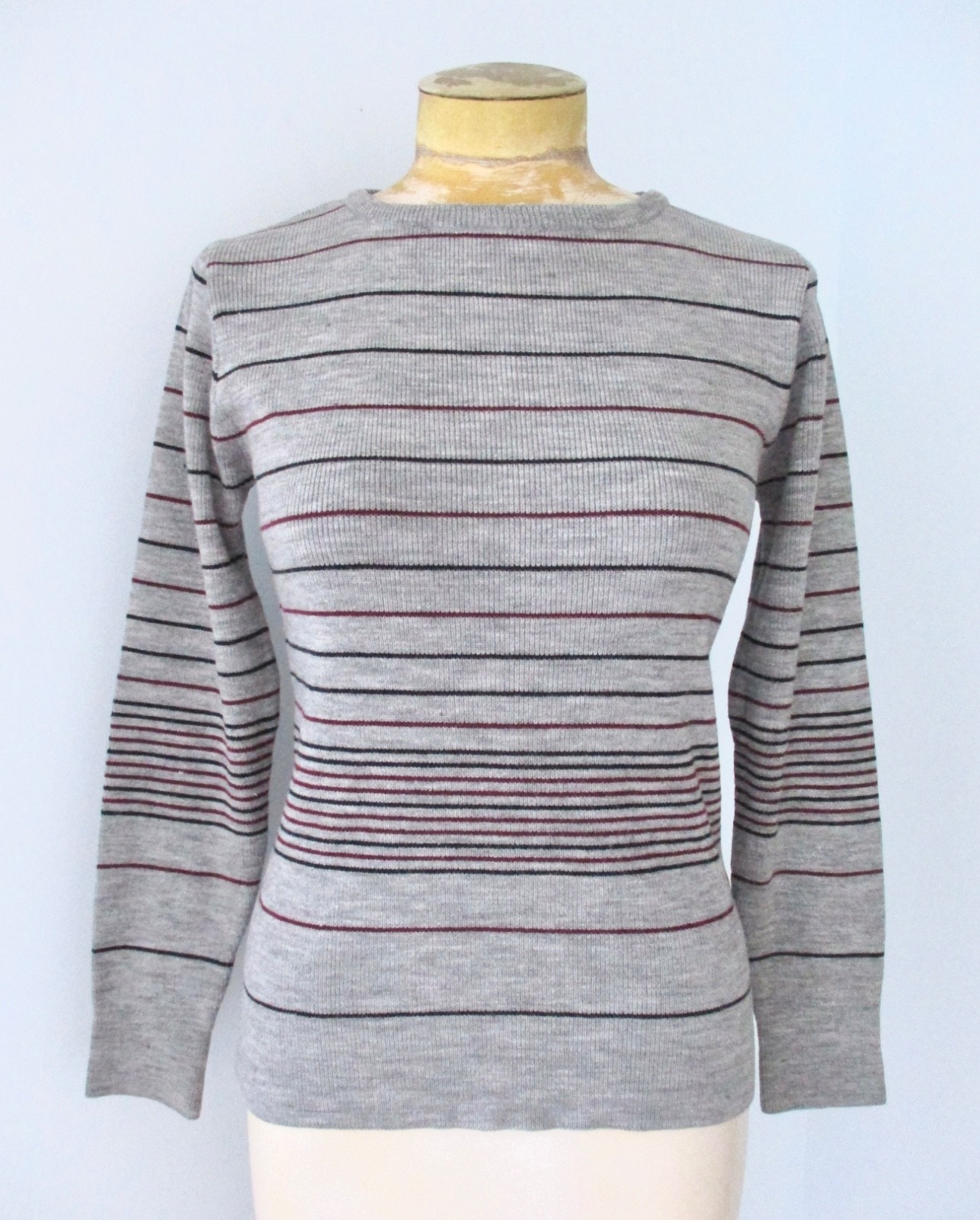 Vtg 60s 70s Donnkenny Gray Red Navy Stripe Acrylic Knit Sweater Disco Top S/M